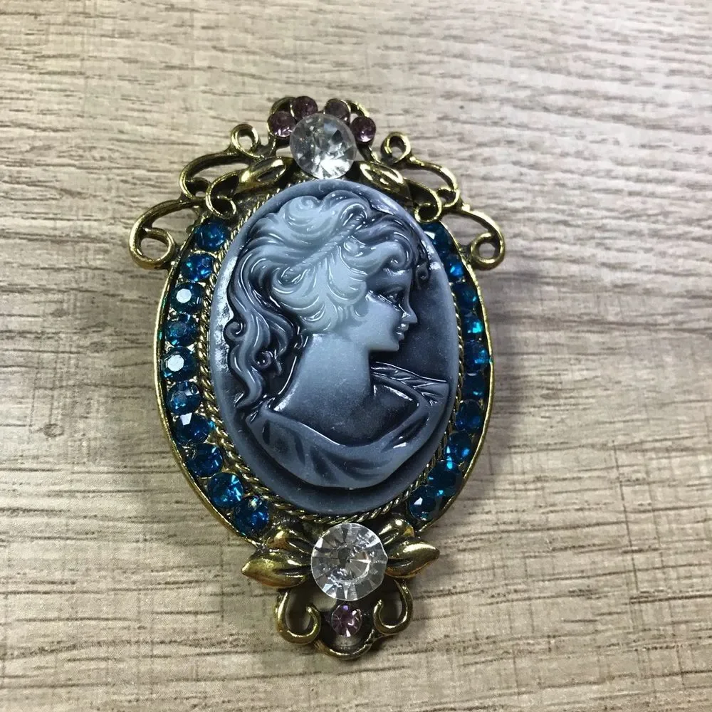 Vintage Inspired Rhinestone Pink Blue Gold Portrait Cameo Brooch